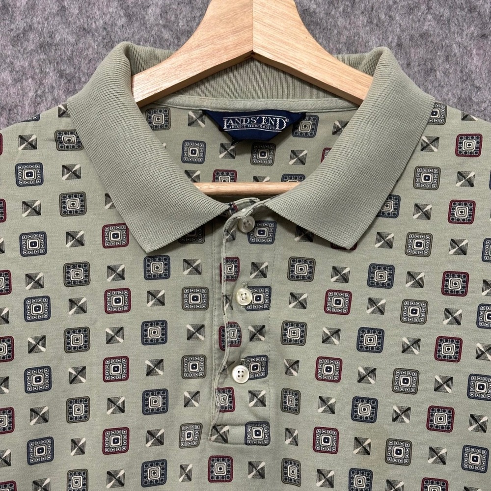 Lands End Mens Regular XL Geometric Print Polo Shirt Short Sleeve Cotton